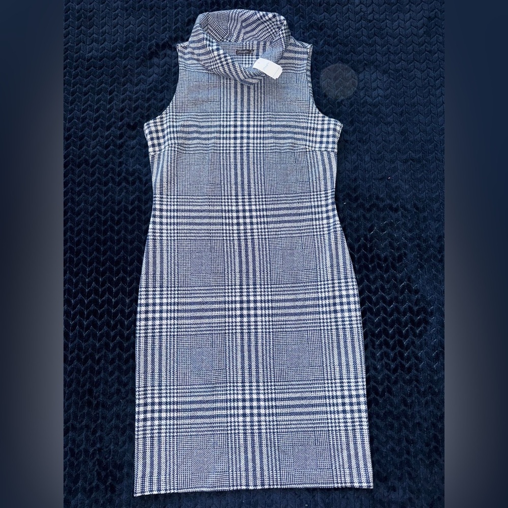J McLaughlin Cowl Neck Sheath Dress in Blue White Glen Plaid‎ Size Small NWT